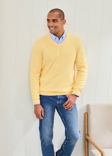 Cotton Traders Warm Lemon Cotton V-Neck Jumper