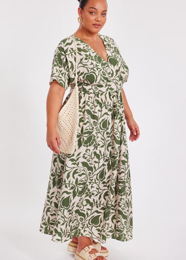Quiz Khaki Curve Tropical Print Midaxi Dress