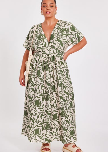 Quiz Khaki Curve Tropical Print Midaxi Dress