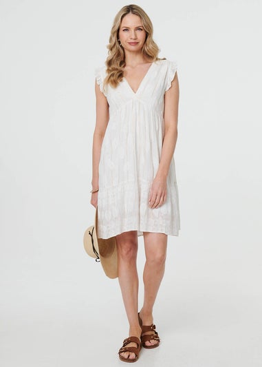 Izabel London White Metallic Striped Texture Short Dress