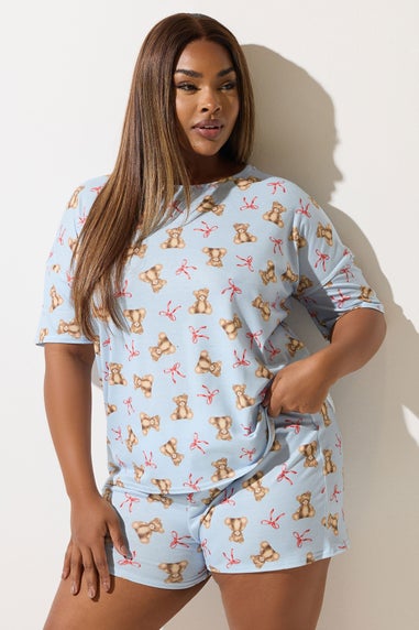 LIMITED COLLECTION Curve Blue Teddy Bear Bow Short Pyjama Set