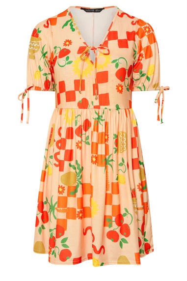 Yours Limited Collection Curve Orange Graphic Check Tie Neck Mini Dress