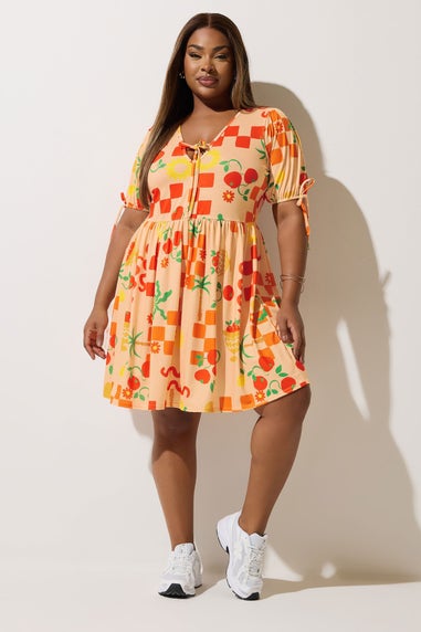 Yours Limited Collection Curve Orange Graphic Check Tie Neck Mini Dress