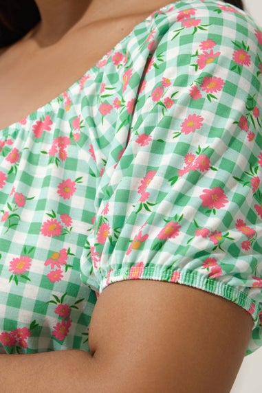 Yours Limited Collection Curve Green Floral Gingham Bardot Top