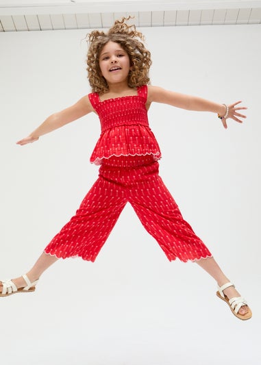 Raffya Kids Red Sia Shirred Floral Print Co-ord Set (3-9 Years)
