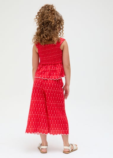 Raffya Kids Red Sia Shirred Floral Print Co-ord Set (3-9 Years)