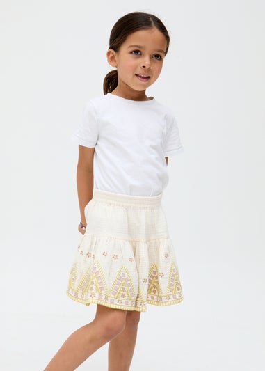 Raffya Kids Ecru Staranisse Tiered All Over Embroidered Skirt (3-9 Years)