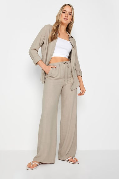 Long Tall Sally Stone Brown Linen Tie Waist Wide Leg Trousers
