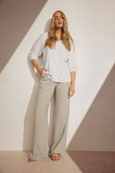 Long Tall Sally Stone Brown Linen Tie Waist Wide Leg Trousers