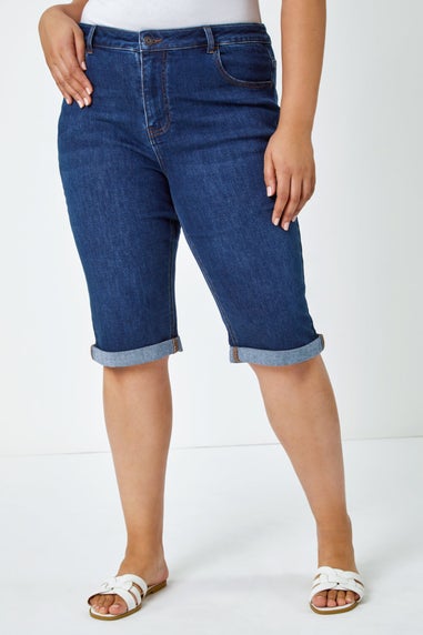 Roman Indigo Curve Stretch Knee Length Denim Shorts