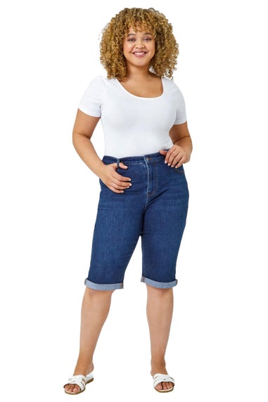 Roman Indigo Curve Stretch Knee Length Denim Shorts
