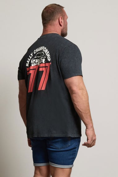 Badrhino Black Acid Wash Printed Castrol T-Shirt