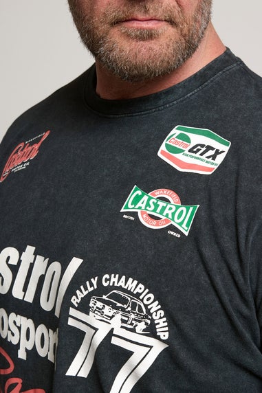 Badrhino Black Acid Wash Printed Castrol T-Shirt