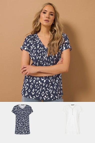 Long Tall Sally 2 Pack Navy Blue & White Abstract Cotton Henley Tops