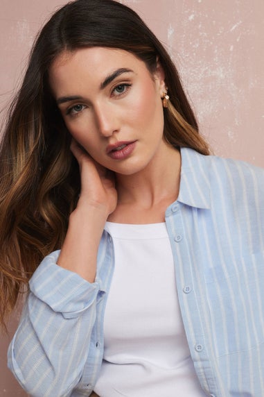 Long Tall Sally Blue Linen Striped Long Sleeve Shirt