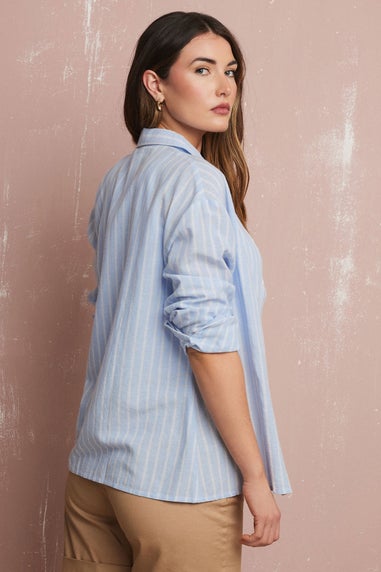 Long Tall Sally Blue Linen Striped Long Sleeve Shirt