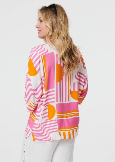 Izabel London Pink Abstract 3/4 Sleeve Relaxed Shirt