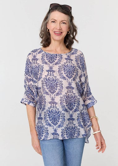 Izabel London Blue Baroque Print 3/4 Sleeve Relaxed Blouse