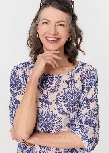 Izabel London Blue Baroque Print 3/4 Sleeve Relaxed Blouse
