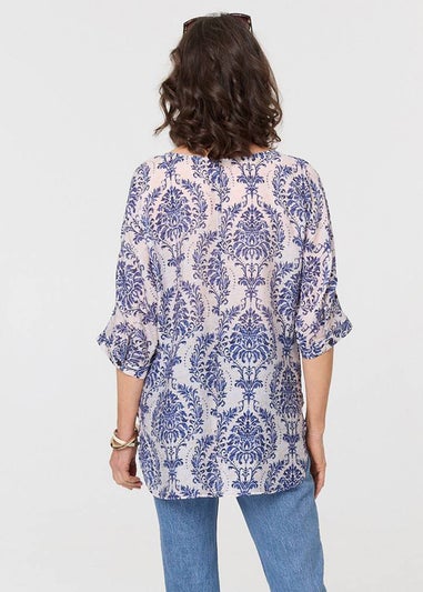 Izabel London Blue Baroque Print 3/4 Sleeve Relaxed Blouse