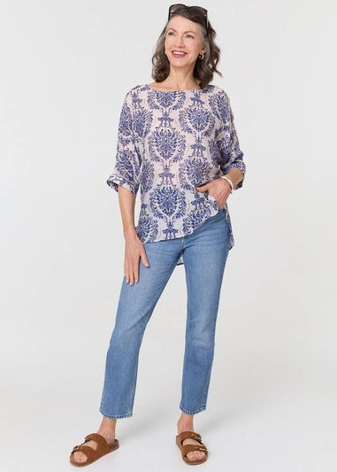 Izabel London Blue Baroque Print 3/4 Sleeve Relaxed Blouse