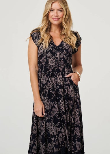 Izabel London Navy Floral Print Cap Sleeve Lace Maxi Dress