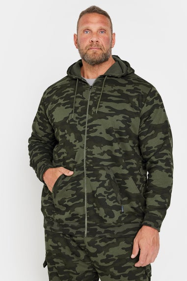 Badrhino Dark Green Camo Print Zip Through Hoodie
