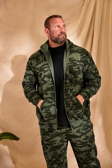 Badrhino Dark Green Camo Print Zip Through Hoodie