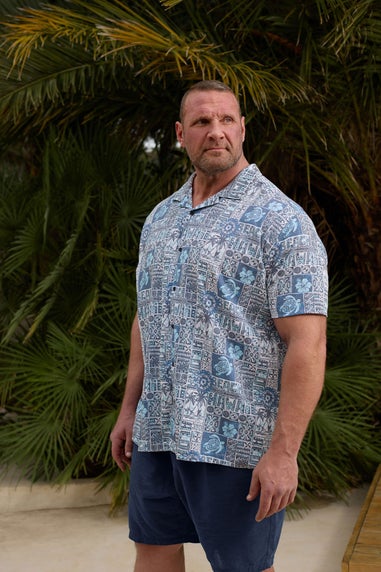 BadRhino Navy Blue Turtle Print Seersucker Revere Collar Shirt