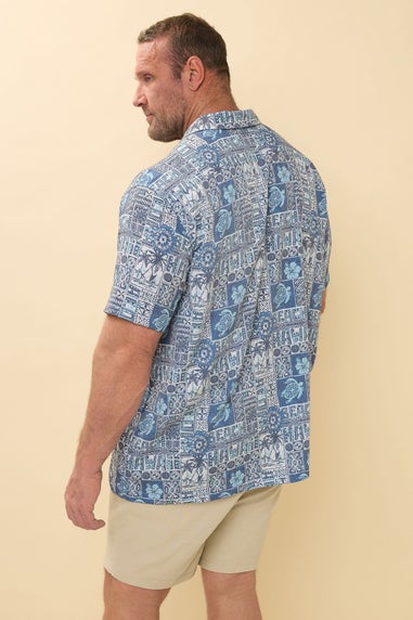 BadRhino Navy Blue Turtle Print Seersucker Revere Collar Shirt