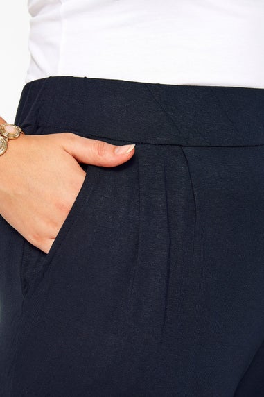 Yours Curve Navy Blue Double Pleat Stretch Jersey Joggers