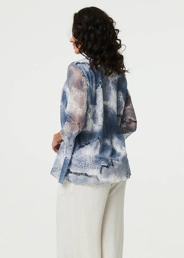 Izabel London Grey Tie Dye Semi Sheer Crochet Waterfall Top