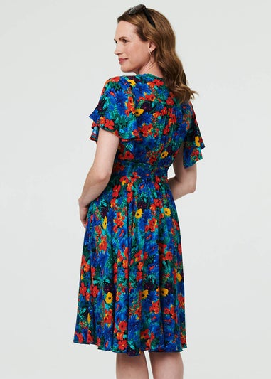 Izabel London Blue Floral Shirred Short Sleeve Midi Dress