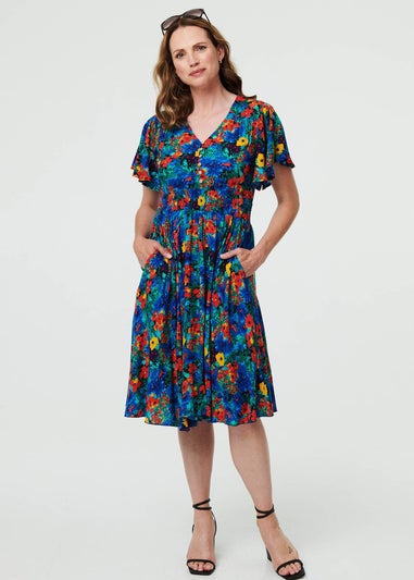 Izabel London Blue Floral Shirred Short Sleeve Midi Dress