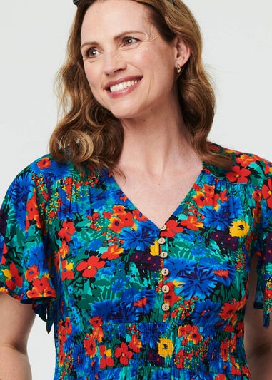 Izabel London Blue Floral Shirred Short Sleeve Midi Dress