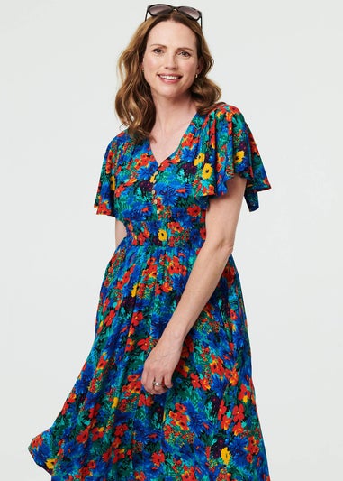 Izabel London Blue Floral Shirred Short Sleeve Midi Dress