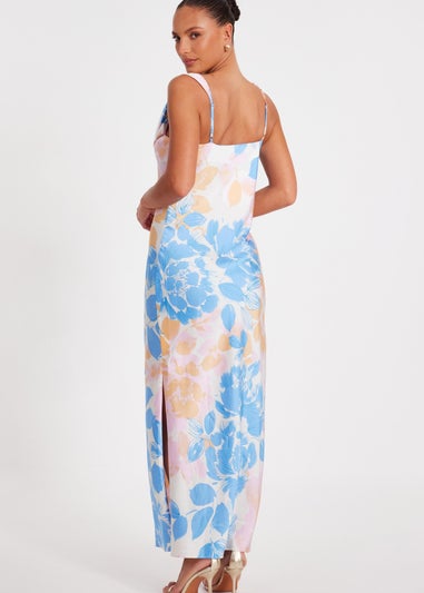 Quiz Blue Satin Floral Midaxi Dress