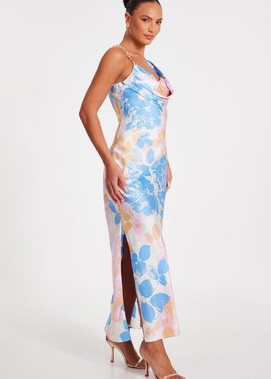 Quiz Blue Satin Floral Midaxi Dress