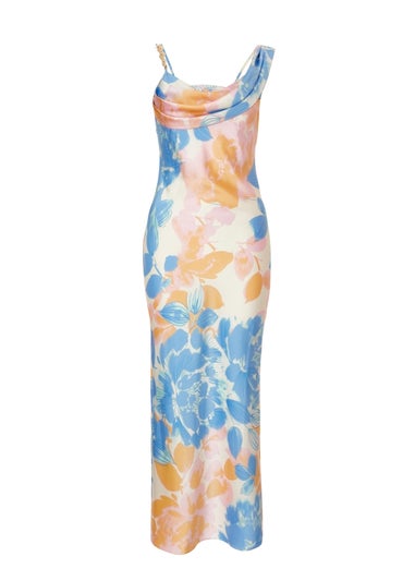 Quiz Blue Satin Floral Midaxi Dress