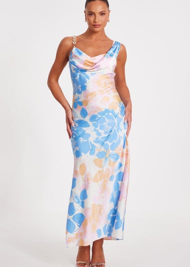 Quiz Blue Satin Floral Midaxi Dress