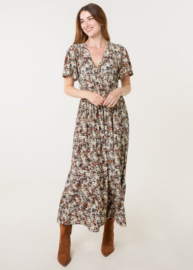 Blue Vanilla Multi Ditsy Floral Wrap Front Shirred Waist Maxi Dress