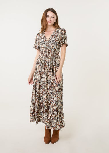 Blue Vanilla Multi Ditsy Floral Wrap Front Shirred Waist Maxi Dress