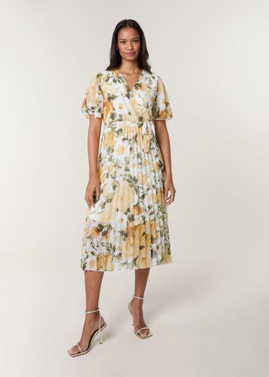 Blue Vanilla Yellow Short Sleeve Wrap Pleat Dress