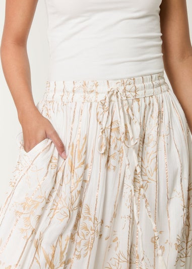Blue Vanilla Ivory Gold Foil Print Peplum Hem Skirt