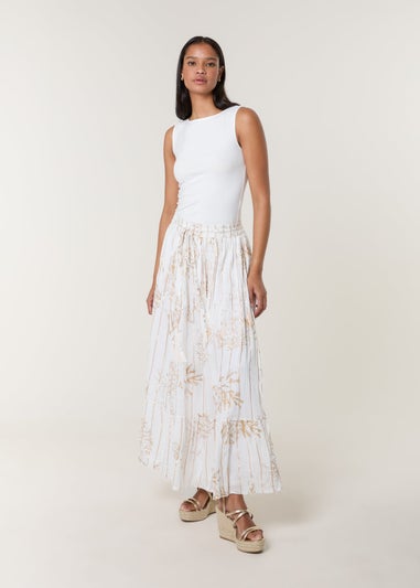 Blue Vanilla Ivory Gold Foil Print Peplum Hem Skirt