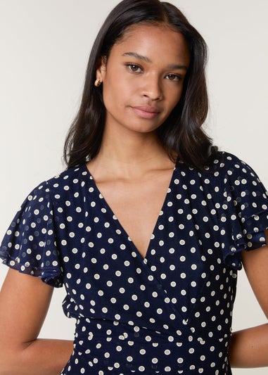 Blue Vanilla Navy Polka Dot Mesh Frill Sleeve Wrap Dress With Tie Waist