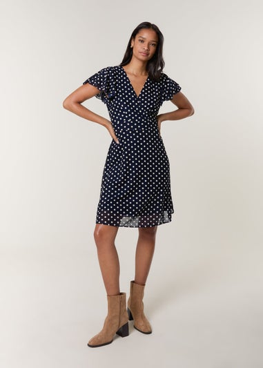 Blue Vanilla Navy Polka Dot Mesh Frill Sleeve Wrap Dress With Tie Waist