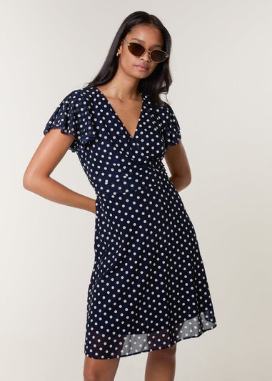 Blue Vanilla Navy Polka Dot Mesh Frill Sleeve Wrap Dress With Tie Waist