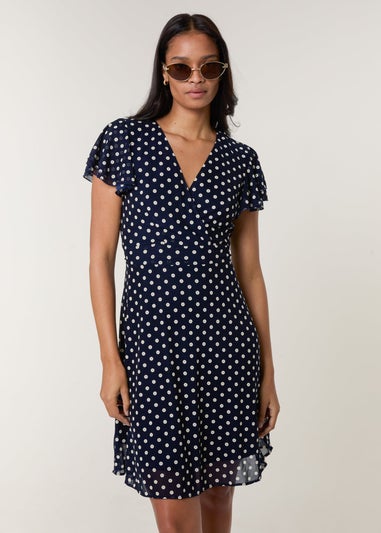 Blue Vanilla Navy Polka Dot Mesh Frill Sleeve Wrap Dress With Tie Waist