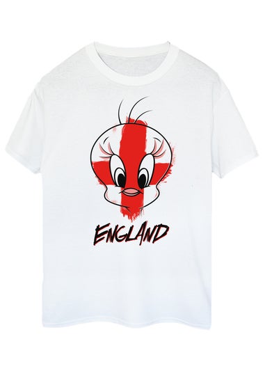 Looney Tunes Tweety England White Boyfriend Fit Graphic T-Shirt